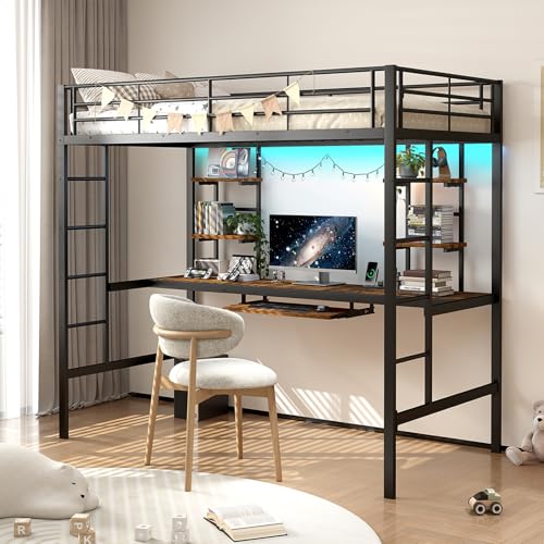 Hochbett mit Schreibtisch 90x200 cm - Metallhochbett für Erwachsene mit 4 Regalen, Tastaturablage & Arbeitsplattform - Ideal für Studentenwohnheime, kleine Wohnungen & Schlafzimmer - Schwarz​ von Generisch
