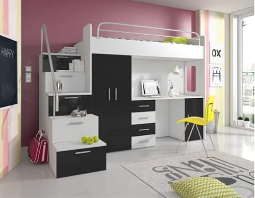 Hochbett mit Schreibtisch TOMI 4S Hochglanz Jugendzimmer Komplet - Bett Schrank Schreibtisch Treppen Bett mit Rahmen (Weiß/Schwarz) von Generisch