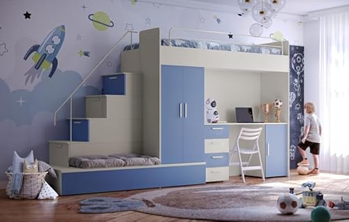 Hochbett mit Schreibtisch TOMI 5, Schrank, Treppe und Gästebett in Hochglanz (Cashmere + Hellblau, Matt, Mit Matraze und Matrazenrahmen) von Generisch