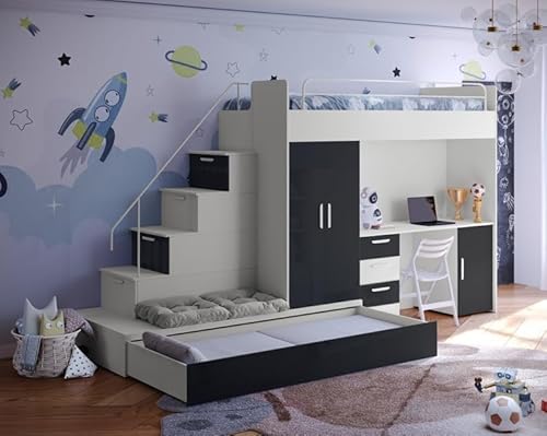 Hochbett mit Schreibtisch TOMI 5, Schrank, Treppe und Gästebett in Hochglanz (Cashmere + Schwarz, Glanz, Mit Matraze und Matrazenrahmen) von Generisch