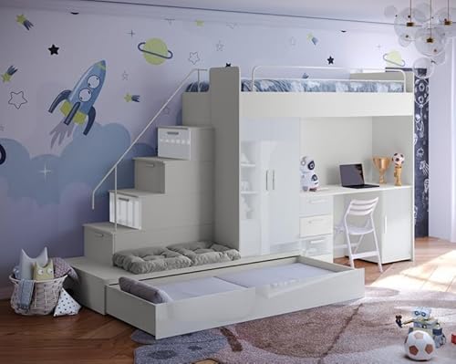 Hochbett mit Schreibtisch TOMI 5, Schrank, Treppe und Gästebett in Hochglanz (Cashmere + Weiß, Glanz, Ohne Matraze und Matrazenrahmen) von Generisch