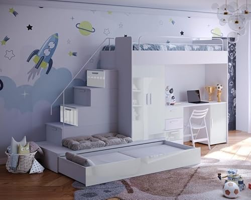 Hochbett mit Schreibtisch TOMI 5, Schrank, Treppe und Gästebett in Hochglanz (Weiß + Weiß, Glanz, Ohne Matraze und Matrazenrahmen) von Generisch