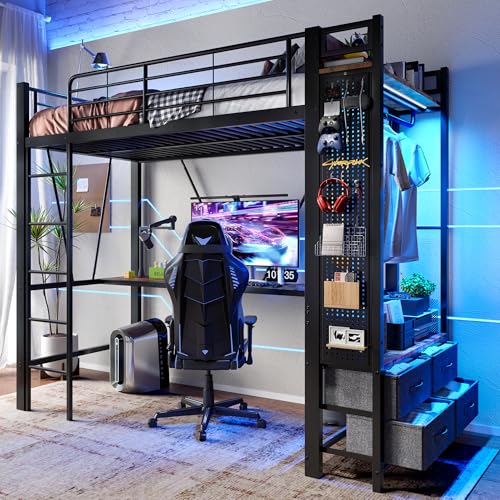 Hochbett mit Schreibtisch & LED-Beleuchtung | 90x200cm Eisenrahmen | Integrierte Steckdose, USB-C, 4 Schubladen & Stauraum | Schwarz | Stabile Schlaf- & Arbeitslösung von Generisch