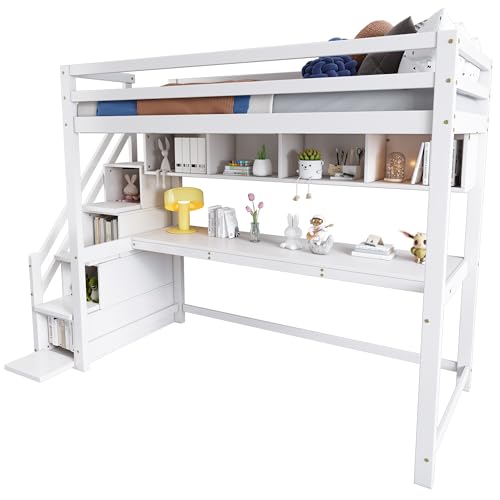 Hochbett mit Treppenaufbewahrung und großem Schreibtisch, platzsparende Lösung für kleine Räume von Generisch