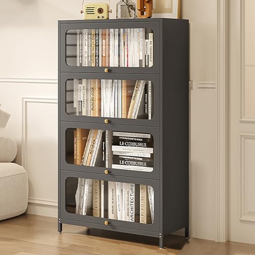 Hoches Metall-Bücherregal mit transparenter Tür, moderner Küchenschrank, Aufbewahrungsschrank für Wohnzimmer, Büro, Zuhause, freistehender Vitrine (grau) von Generisch