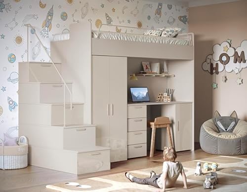 Hochglanz Hochbett mit Schreibtisch TOMI 4S - Schrank und Regal in den Treppen (Cashmere + Beige Glanz, mit Matraze und Matrazenrahmen) von Generisch