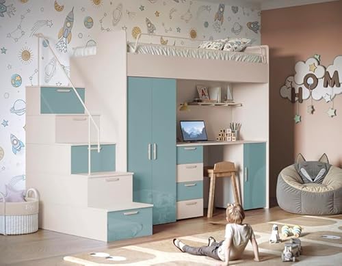 Hochglanz Hochbett mit Schreibtisch TOMI 4S - Schrank und Regal in den Treppen (Cashmere + Hellblau Glanz, mit Matraze und Matrazenrahmen) von Generisch