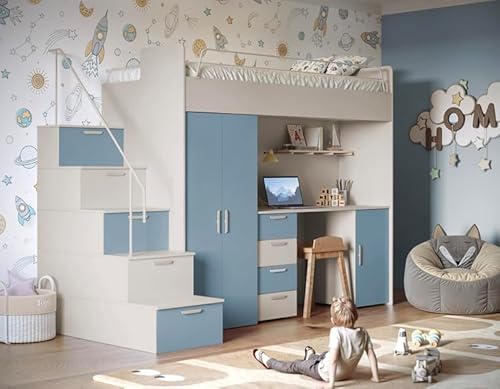 Hochglanz Hochbett mit Schreibtisch TOMI 4S - Schrank und Regal in den Treppen (Cashmere + Hellblau Matt, mit Matraze und Matrazenrahmen) von Generisch