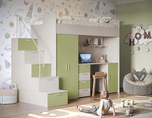 Hochglanz Hochbett mit Schreibtisch TOMI 4S - Schrank und Regal in den Treppen (Cashmere + Olive Matt, Ohne Matraze und Matrazenrahmen) von Generisch