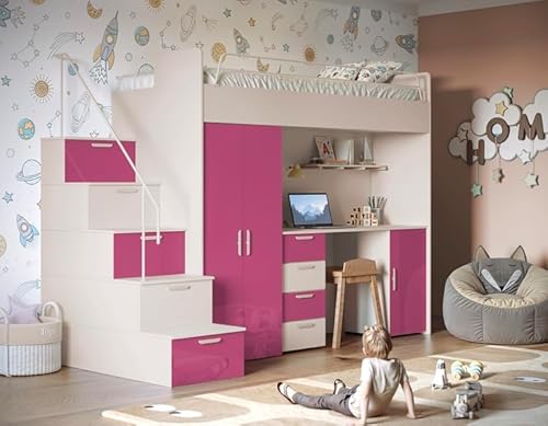 Hochglanz Hochbett mit Schreibtisch TOMI 4S - Schrank und Regal in den Treppen (Cashmere + Rosa Glanz, mit Matraze und Matrazenrahmen) von Generisch