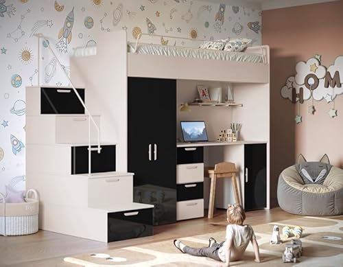Hochglanz Hochbett mit Schreibtisch TOMI 4S - Schrank und Regal in den Treppen (Cashmere + Schwarz Glanz, mit Matraze und Matrazenrahmen) von Generisch
