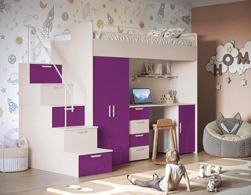 Hochglanz Hochbett mit Schreibtisch TOMI 4S - Schrank und Regal in den Treppen (Cashmere + Violett Glanz, mit Matraze und Matrazenrahmen) von Generisch
