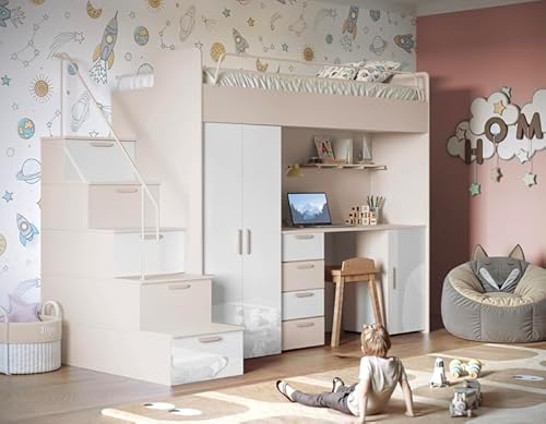 Hochglanz Hochbett mit Schreibtisch TOMI 4S - Schrank und Regal in den Treppen (Cashmere + Weiß Glanz, mit Matraze und Matrazenrahmen) von Generisch