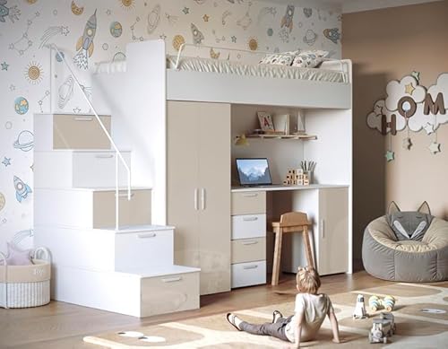 Hochglanz Hochbett mit Schreibtisch TOMI 4S - Schrank und Regal in den Treppen (Weiß + Beige Glanz, Mit Matraze und Matrazenrahmen) von Generisch