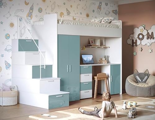 Hochglanz Hochbett mit Schreibtisch TOMI 4S - Schrank und Regal in den Treppen (Weiß + Hellblau Glanz, Mit Matraze und Matrazenrahmen) von Generisch