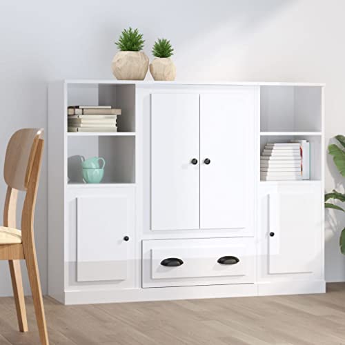 Hochglanz Weiß Hochglanz Buffet Sideboard Schrank 3-teiliges Set für Wohnzimmer Aufbewahrung Moderne Vitrine Konsole Schrank Highboards Möbel von Generisch