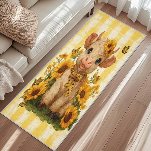 Hochlandrind Küchenteppich, Sonnenblume Gelb Plaid Schmetterling Teppich Läufer, 60x120 cm Lang Teppiche Für Schlafzimmer Korridor Esszimmer rutschfest Waschbar Kurzflor Teppich von Generisch