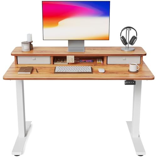 Höhenverstellbarer elektrischer Stehpult mit doppelter Schublade, 140 x 60 cm, Stehtisch mit Ablage, Sitz-/Stehschreibtisch mit Spleißbrett, schwarzer Rahmen/schwarze Platte von Generisch
