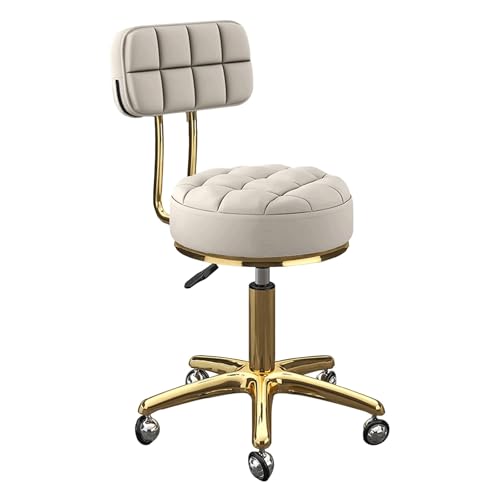 Höhenverstellbarer runder Hocker mit Rückenlehne für Ankleidezimmer, drehbarer Salonstuhl aus Leder in Titangold, 5-Sterne-Basis mit Globus-Rädern für Spa und Salon von Generisch