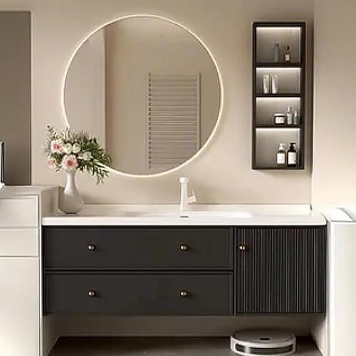 Holz Badezimmer Waschtisch mit Waschbecken Seitenschränke mit Ambientebeleuchtung Smart LED Defog Spiegel Wandmontage Holz Badezimmer von Generisch