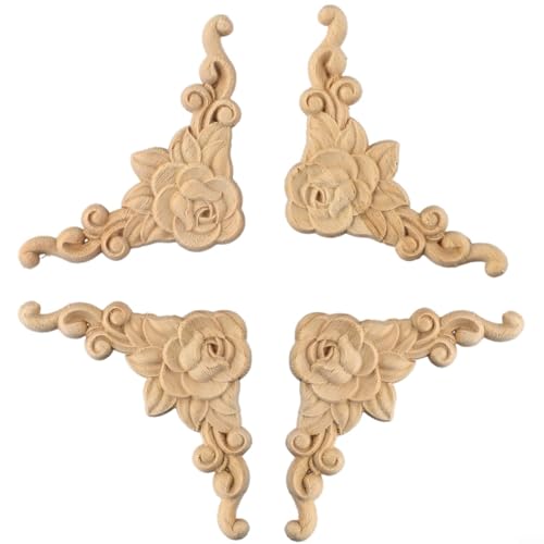 Holzgeschnitzte Eck-Onlay-Applikationsset, dekorative Möbelleisten, Aufkleber, Verzierung für Tür, Schrank, Spiegel, Heimdekoration, 8 x 8 cm, 4 Stück von Generisch
