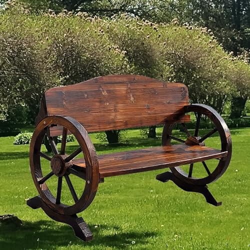 Holzwagen-Radbank mit Rückenlehne, rustikale Gartensitzfläche für Entspannung im Freien im Hinterhof, Terrasse oder Veranda Holzwagen-Radbank mit Rückenlehne, rustikale Gartensitzfläche für Entspannung im Freien im Hinterhof, Terrasse oder Veranda von Generisch