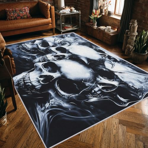 Horror Teppich Wohnzimmer 120x160 Waschbar, Bettvorleger 3D Silber Metallic Totenkopf Teppiche Gegend Schlafzimmer Deko & Wohnaccessoires, Kurzflor Teppich Weich rutschfest, FD4246 von Generisch