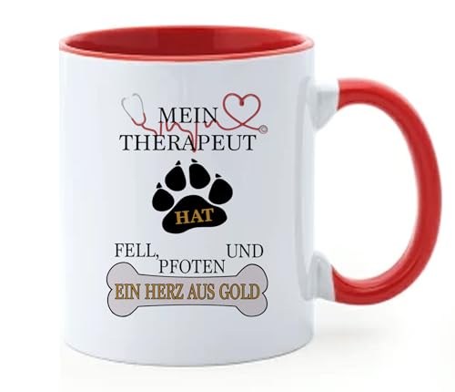 Hunde Tasse mit Spruch Mein Therapeut hat Fell, Pfoten und ein Herz - Kaffeetasse als Geschenk Hundebesitzer (Rot) von Generisch