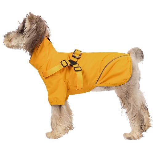 Hunderegenmantel mit Reißverschluss, wasserdichte reflektierende Regenjacke für Welpen, Regenmantel mit Geschirr für kleine und mittlere Hunde (Gelb, XL) von Generisch