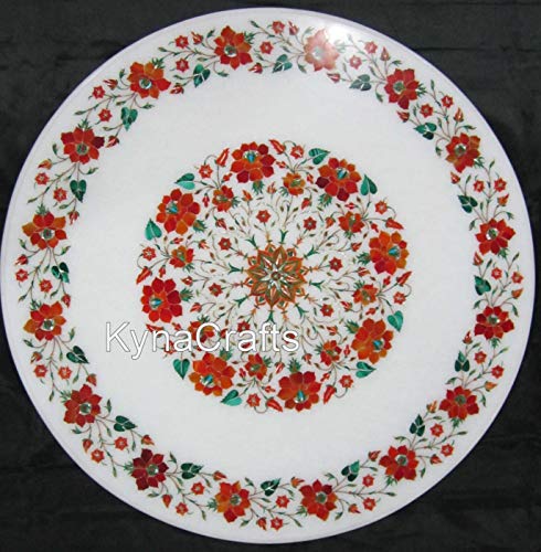 Indian Cottage Art and Crafts Couchtisch, rund, Marmor, Halbedelsteineinlage, 76,2 x 76,2 cm, Weiß von Generisch