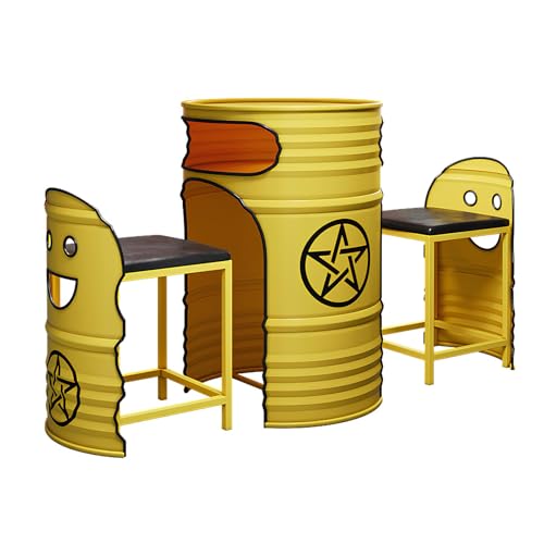 Industrial Couchtisch & Stuhl Set - Rund Ölfass Stil Lounge Tisch mit 2 Stühlen, Platzsparendes Push-In Design, Retro Metall Essgruppe für Balkon, Wohnzimmer, Café oder Empfangsbereich(A) von Generisch