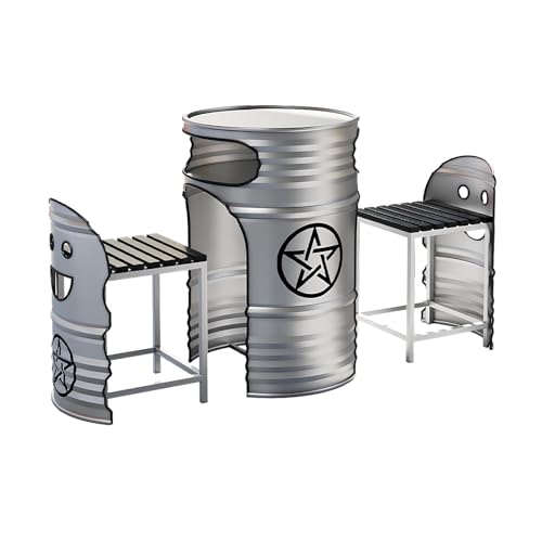 Industrial Couchtisch & Stuhl Set - Rund Ölfass Stil Lounge Tisch mit 2 Stühlen, Platzsparendes Push-In Design, Retro Metall Essgruppe für Balkon, Wohnzimmer, Café oder Empfangsbereich(D) von Generisch