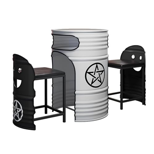 Industrial Couchtisch & Stuhl Set - Rund Ölfass Stil Lounge Tisch mit 2 Stühlen, Platzsparendes Push-In Design, Retro Metall Essgruppe für Balkon, Wohnzimmer, Café oder Empfangsbereich(E) von Generisch