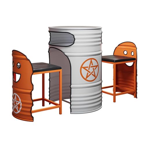 Industrial Couchtisch & Stuhl Set - Rund Ölfass Stil Lounge Tisch mit 2 Stühlen, Platzsparendes Push-In Design, Retro Metall Essgruppe für Balkon, Wohnzimmer, Café oder Empfangsbereich(G) von Generisch