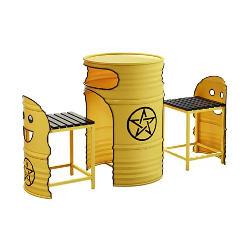 Industrial Couchtisch & Stuhl Set - Rund Ölfass Stil Lounge Tisch mit 2 Stühlen, Platzsparendes Push-In Design, Retro Metall Essgruppe für Balkon, Wohnzimmer, Café oder Empfangsbereich(I) von Generisch
