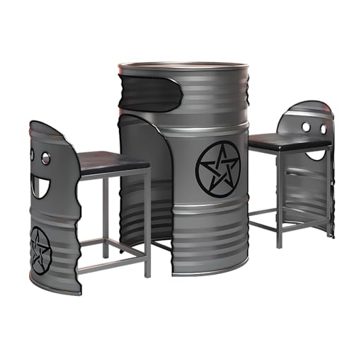 Industrial Couchtisch & Stuhl Set - Rund Ölfass Stil Lounge Tisch mit 2 Stühlen, Platzsparendes Push-In Design, Retro Metall Essgruppe für Balkon, Wohnzimmer, Café oder Empfangsbereich(N) von Generisch