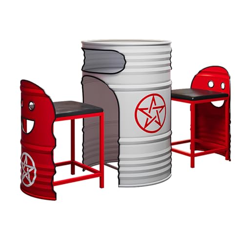 Industrial Couchtisch & Stuhl Set - Rund Ölfass Stil Lounge Tisch mit 2 Stühlen, Platzsparendes Push-In Design, Retro Metall Essgruppe für Balkon, Wohnzimmer, Café oder Empfangsbereich(O) von Generisch