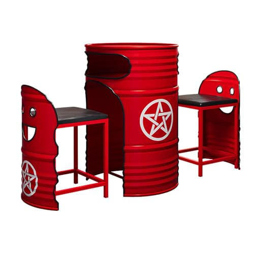 Industrial Couchtisch & Stuhl Set - Rund Ölfass Stil Lounge Tisch mit 2 Stühlen, Platzsparendes Push-In Design, Retro Metall Essgruppe für Balkon, Wohnzimmer, Café oder Empfangsbereich(R) von Generisch