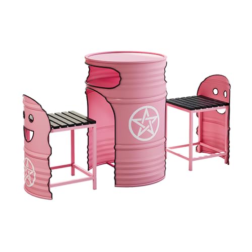 Industrial Couchtisch & Stuhl Set - Rund Ölfass Stil Lounge Tisch mit 2 Stühlen, Platzsparendes Push-In Design, Retro Metall Essgruppe für Balkon, Wohnzimmer, Café oder Empfangsbereich(S) von Generisch