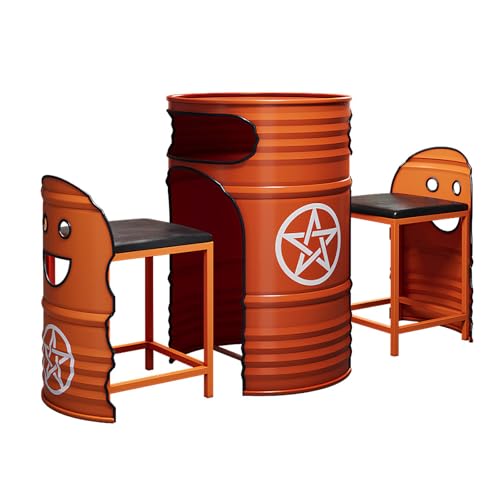 Industrial Couchtisch & Stuhl Set - Rund Ölfass Stil Lounge Tisch mit 2 Stühlen, Platzsparendes Push-In Design, Retro Metall Essgruppe für Balkon, Wohnzimmer, Café oder Empfangsbereich (B) von Generisch