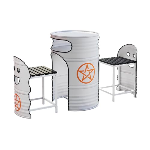 Industrial Couchtisch & Stuhl Set - Rund Ölfass Stil Lounge Tisch mit 2 Stühlen, Platzsparendes Push-In Design, Retro Metall Essgruppe für Balkon, Wohnzimmer, Café oder Empfangsbereich (F) von Generisch