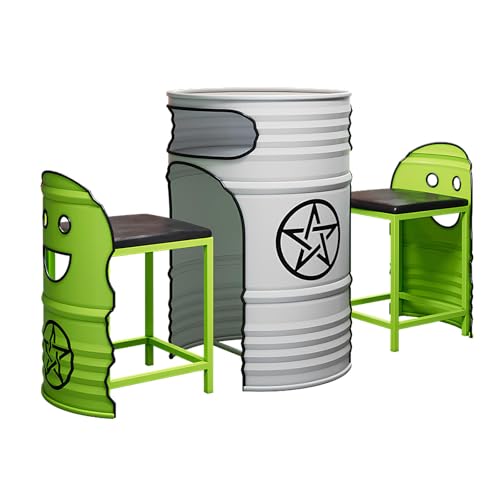 Industrial Couchtisch & Stuhl Set - Rund Ölfass Stil Lounge Tisch mit 2 Stühlen, Platzsparendes Push-In Design, Retro Metall Essgruppe für Balkon, Wohnzimmer, Café oder Empfangsbereich (H) von Generisch