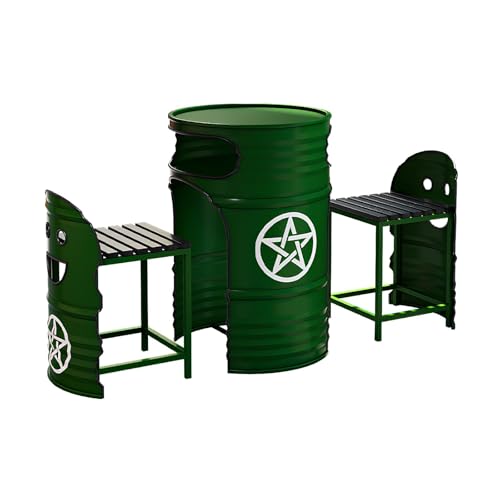 Industrial Couchtisch & Stuhl Set - Rund Ölfass Stil Lounge Tisch mit 2 Stühlen, Platzsparendes Push-In Design, Retro Metall Essgruppe für Balkon, Wohnzimmer, Café oder Empfangsbereich (J) von Generisch