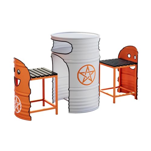 Industrial Couchtisch & Stuhl Set - Rund Ölfass Stil Lounge Tisch mit 2 Stühlen, Platzsparendes Push-In Design, Retro Metall Essgruppe für Balkon, Wohnzimmer, Café oder Empfangsbereich (K) von Generisch