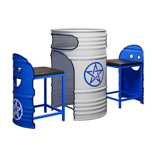 Industrial Couchtisch & Stuhl Set - Rund Ölfass Stil Lounge Tisch mit 2 Stühlen, Platzsparendes Push-In Design, Retro Metall Essgruppe für Balkon, Wohnzimmer, Café oder Empfangsbereich (L) von Generisch