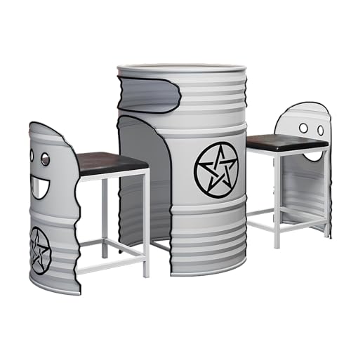 Industrial Couchtisch & Stuhl Set - Rund Ölfass Stil Lounge Tisch mit 2 Stühlen, Platzsparendes Push-In Design, Retro Metall Essgruppe für Balkon, Wohnzimmer, Café oder Empfangsbereich (M) von Generisch