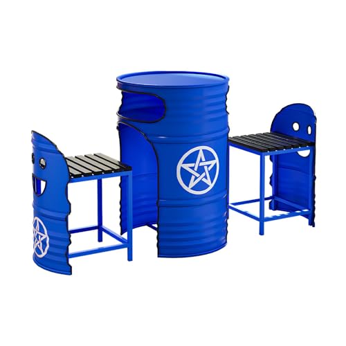 Industrial Couchtisch & Stuhl Set - Rund Ölfass Stil Lounge Tisch mit 2 Stühlen, Platzsparendes Push-In Design, Retro Metall Essgruppe für Balkon, Wohnzimmer, Café oder Empfangsbereich (P) von Generisch