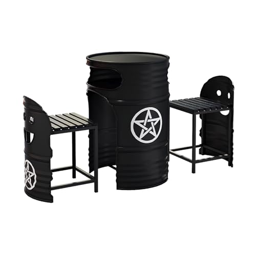 Industrial Couchtisch & Stuhl Set - Runder Ölfass Stil Lounge Tisch mit 2 Stühlen, Platzsparendes Push-In Design, Retro Metall Essgruppe für Balkon, Wohnzimmer, Café oder Empfangsbereich(Q) von Generisch