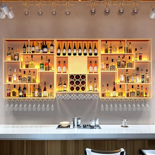 Industrielles Wand-Weinregal mit LED-Licht-Metallglashalter und Ausstellungsregal für elegante Weinaufbewahrung, 240 cm, perfekt für Zuhause, Bars und Weinliebhaber (Gold) von Generisch