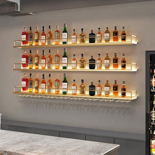 Industrielles Weinregal zur Wandmontage, Metall, Flaschenhalter mit Weinglasstütze, Vintage-Stil, Weinaufbewahrung für Zuhause, Bar, Küche, Restaurant (Gold, ohne Haken, 100 cm) von Generisch